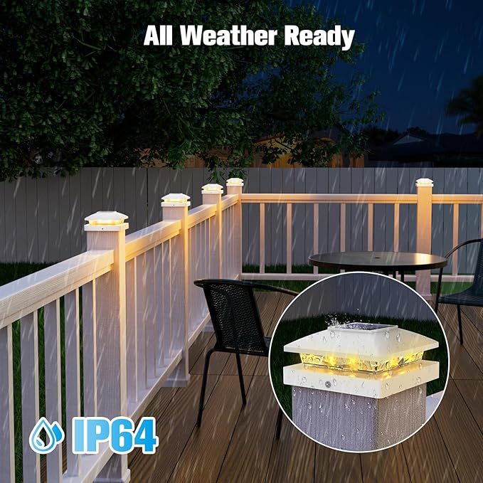 VOLISUN 4x4 Solar Post Cap Light 12packSolar Fence - Post Lights Outdoor Waterproof for Wooden/Vinyl PostWhite Deck Post Cap Light Solar Powered with Warm White for Garden/Patio/Porch