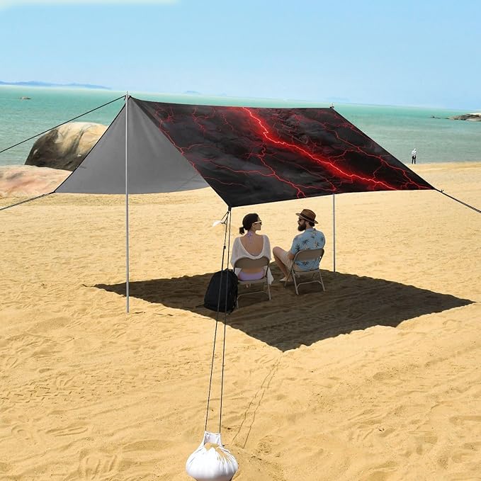 Red Lightning on Black Beach Tent Sun Shelter 9.2' x 10.5' Beach Canopy with 4 Sandbags 4 Stability Poles Sand Shovels - Tent Canopy for Beach Camping Fishing Picnics