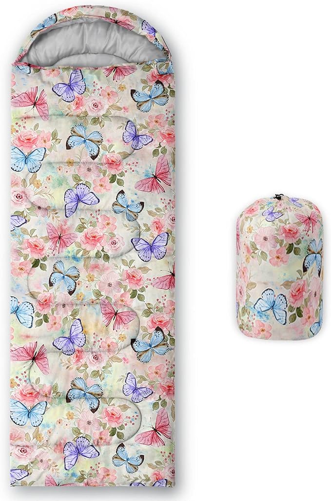 Kids Sleeping Bag for Boys GirlsButterfly Flowers Print-Lightweight Warm Portable Outdoor Indoor-Waterproof Cold Weather Resistant Sleeping Bag for Camping Hiking(Flowers)