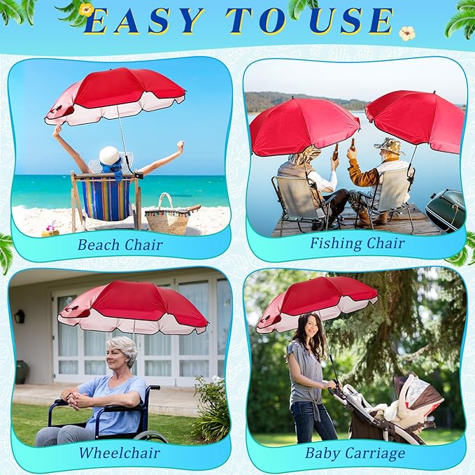 Buryeah 2 Pcs Automatic Chair Umbrella with Universal Clamp 44 UPF 50+ Portable Clamp on Beach Chair Adjustable Wheelchair Umbrella for Outdoor Patio Parasol