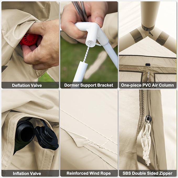 Inflatable Tents with Hand Pump Hot Tent with Stove Jack Easy Blow Up Glamping Tent with Mesh Windows 4-6 Person Instant Family Camping Tents Waterproof for 4 Seasons