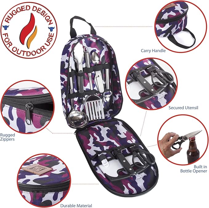 Wellmax 10-Piece Stainless Steel Camping Cooking Set – Compact All-in-One Cookware Kit with Utensils &amp Travel Bag for Campers Hikers Outdoor Adventures Purple Camo Color