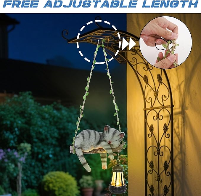 Solar Lighted Garden Outdoor Statue 22.6 H Hanging Swing Lying with A Sleeping Cat and A LED Lantern Resin Animal Figurine Hanging Ornaments with Hook for Decoration &amp Gift
