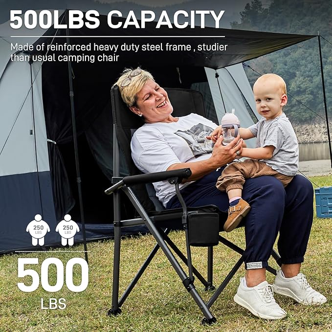 EVER ADVANCED Oversized Folding Camping Chair for Adults Heavy Duty Lawn Chair with Side Pockets Portable Collapsible Quad Chair for Outside Support Up to 500lbs Black 2PACK
