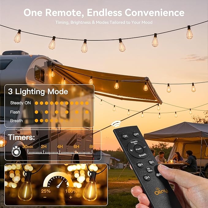 Ollny S11 50FT Solar String Lights Outdoor with Remote Waterproof Dimmable Patio Lights with Timer &amp 3 Lighting Modes 16 Shatterproof Edison Bulbs String Lights for Outside Backyard Party Décor