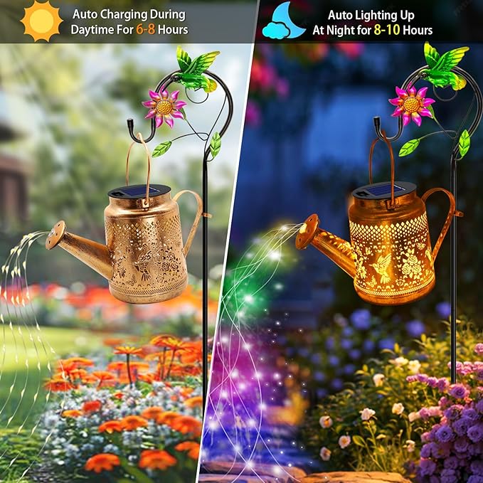 2 Pack Solar Lanterns Outdoor WaterproofHummingbird Watering Can Garden DecorHanging Solar Path Lights Yard ArtOutside Patio Decorations Gardening Christmas Gifts for Mom Grandma Women (with Hook)