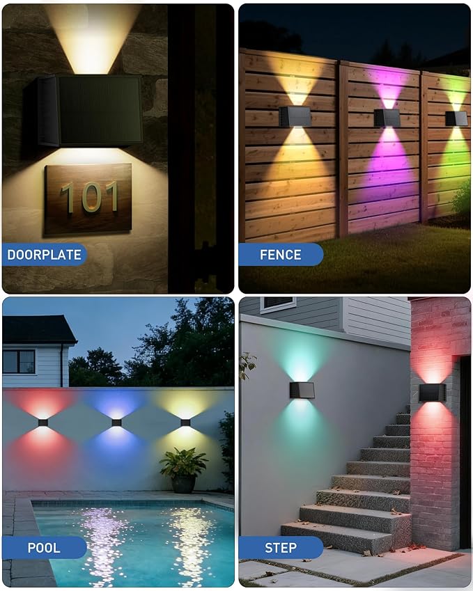 CORESLUX Solar Fence Lights Outdoor Up and Down Outdoor Wall Lights IP65 Waterproof Solar Fence Lights Color Changing Outdoor Solar Lights for Backyard/Railing/Wall/Step/Patio 4PCS