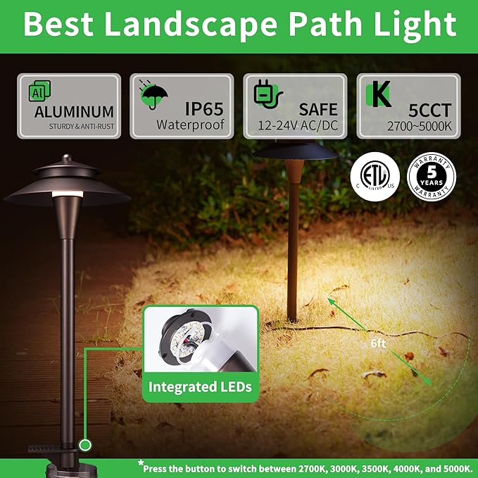 Outdoor Pathway Lights Wired 12V 2700K/3000K/3500K/4000K/5000K Selectable Landscape Path Light LED Waterproof Walkway Fixture Electric ORB Aluminum for All Weather Garden Yard (6 Pack)