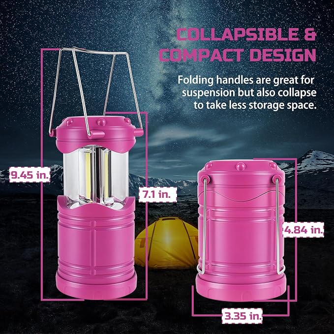 Lichamp LED Camping Lantern 4 Pack Battery Powered Flashlight for Power Outages Portable Collapsible Hanging Light Essential for Home Outdoor Emergency Lamp Survival Kit Gear for Hurricane Pink