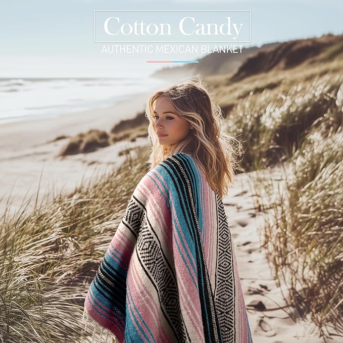 Hydration Nation Authentic Large Handwoven Mexican Striped Throw Blanket - Soft Durable Eco-Friendly - 70x50 - Cotton Candy