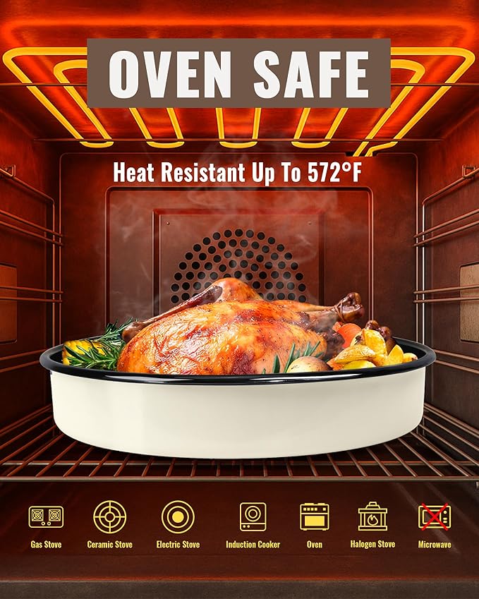 Enamel Round Roasting Pan Set Baking Dish 4-Pack 9/10/12/14 Inch High Temperature Resistance Bakeware for Pizza Chicken Oven Dishwasher Safe Valentine Mother's Day Gift for Wife &amp Mom Cake Pan