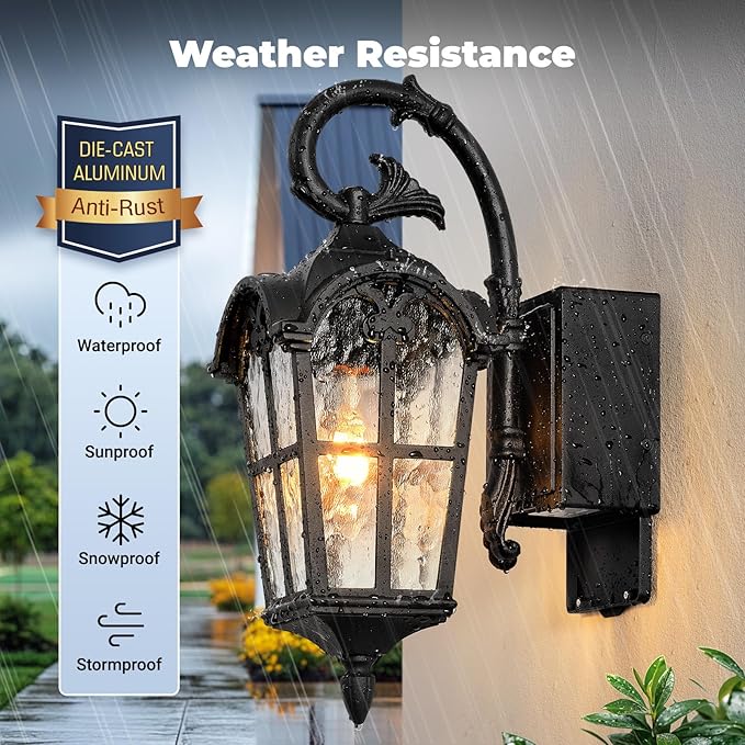 Outdoor Porch Light with Outlet Dusk to Dawn Porch Light Outdoor House Lights Wall Mount Aluminum Exterior Wall Sconce with Water Ripple Glass Waterproof Outside Sconce Lights for House