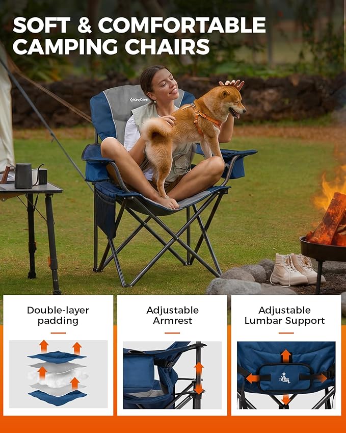 KingCamp Oversized Camping Folding Chair Heavy Duty 450 LBS with Lumbar Support Padded seat with Cup Holder&ampCooler Bag Ideal for Camp Fishing Sports Event Backyard Patio Lawn(Blue/MediumGr