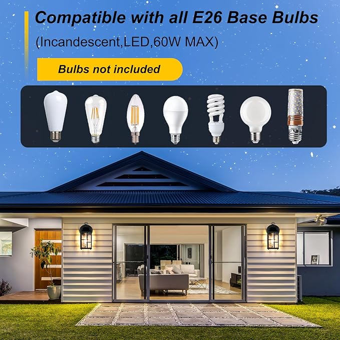 OKELI Dusk to Dawn Outdoor Wall Lights Exterior Waterproof Lantern Front Porch Sconce Lighting with Water Ripple Glass Shade Anti-Rust Wall Lamps Outside Lights for Garage (Black-SIZE-S-2pack)
