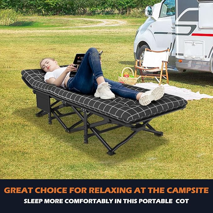 ATORPOK Camping Cot for Adults with Cushion Comfortable Portable Folding Bed for Sleeping Lightweight Folding Bed with Carry Bag for Kids Supports 450 lbs (Black)
