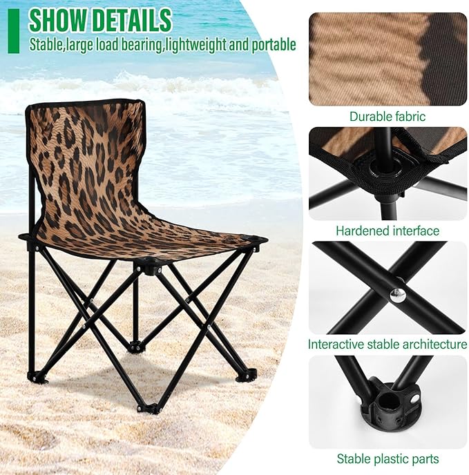 Qilmy Fashionable Leopard Print Portable Camping ChairsOutdoor Collapsible Chair Sports Garden Beach FishingSupports up to 250lbs534