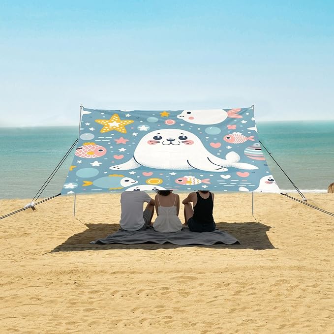 Cute Seal Star Dot and Hear Camping Sun Shelter Beach Tent Portable Beach Sun Shade Outdoor Canopy for Camping Trips Fishing Picnic
