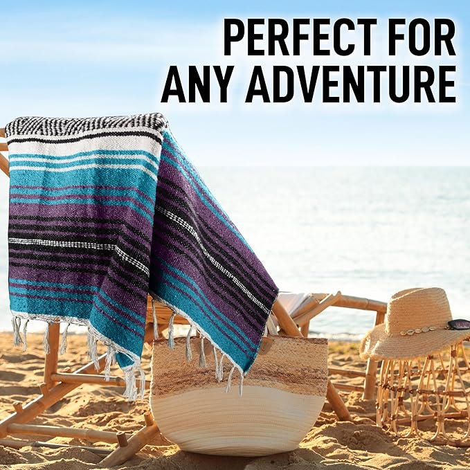 Hydration Nation Authentic Extra Large Mexican Blanket (70x50) - Handwoven Yoga Serape- Artisanal Falsa Beach Camping Picnic Outdoor - Purple Haze