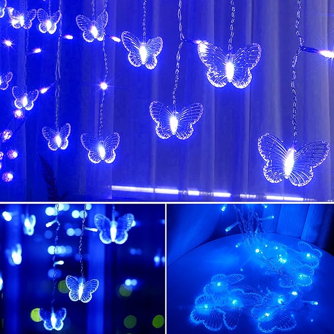 Blue Butterfly Curtain Fairy Lights USB Plug in120 LED 8 Modes 20FT Firefly Twinkle Icicle String Lights with Remote Timer Waterproof for Bedroom Christmas Wedding Party Dorm Decor