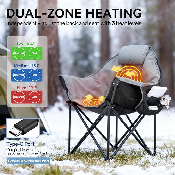 Oversized Heated Camping Chair Folding Heated Outdoor Chair with Back &amp Seat Heating Heavy Duty Support 400 lbs Portable Heated Camp Chair for PatioTailgating Picnic Battery NOT Included Gr