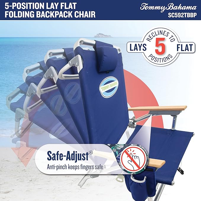 Tommy Bahama 5-Position Classic Lay Flat Folding Backpack Beach Chair Blue and Green Stripe 23 x 25.25 x 31.5