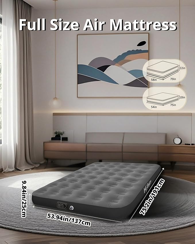 Air Mattress Full with Built in Pump Raised with Comfort Plush Inflatable Blow Up Mattress for Home Guests Camping (Grey 10” Height)