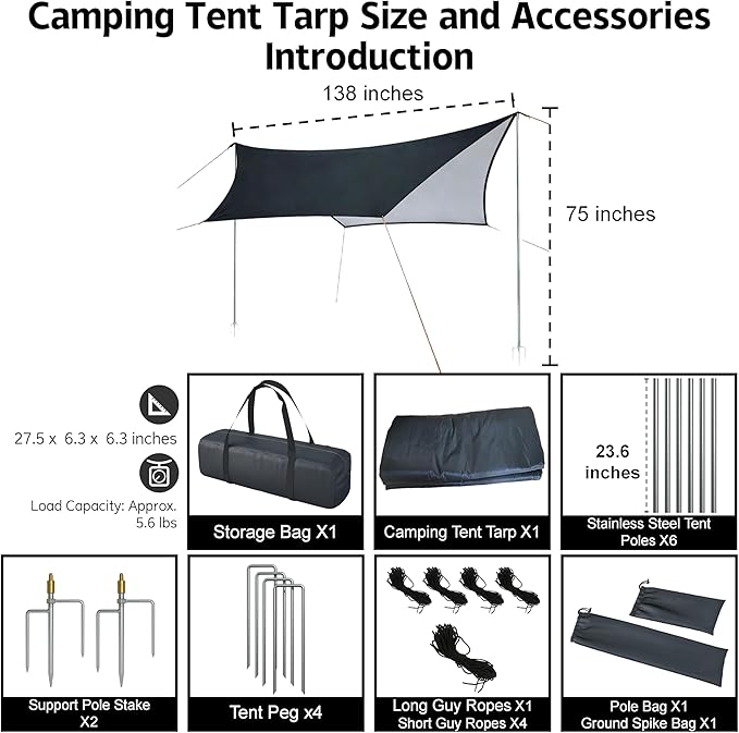 Camping Tent Tarp with Thickened Stainless Steel Bracket - PU 20000mm+ Waterproof Rain Shelter UPF2000+ Anti-UV Camping Canopy Portable Sun Shade for Camping Hiking Picnic