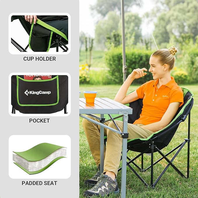 KingCamp Foldable Saucer Moon Lounge Chair with Cupholder Storage Pocket for Indoor Home or Outdoor Camping and Tailgating Use Black/Green