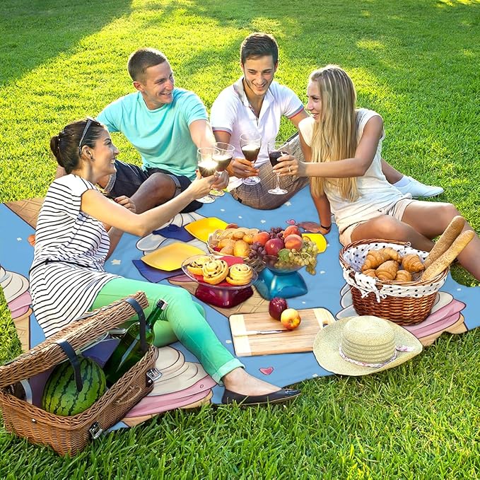 Waterproof Sandproof Beach Blanket 59''×68'' Snowflake Ice Cream Polyester Outdoor Picnic Blanket with 4 Stakes &amp Storage Bag for BeachCampingVacation Blue