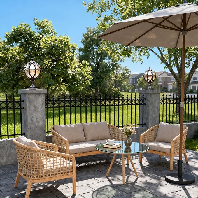 Outdoor Post Light Fixture Retro Amber Glass Ball Pillar Lights Waterproof Die-cast Aluminum Column Lamp Villa Courtyard Garden Park Doorpost Light Fence Light Landscape Lighting