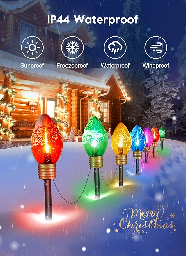 Brightown Jumbo C9 Christmas Lights Outdoor Decorations Lawn with Pathway Marker Stakes 8 Feet LED Lights Covered Jumbo Multicolored Light Bulb for Holiday Outside Yard Garden Decor 5 Lights