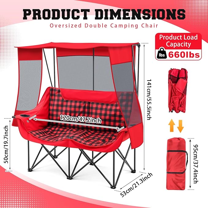 Double Camping Chair with Canopy Shade 660lbs Heavy Duty Beach Chair Portable Folding 2 Person Camping Loveseat with Cup Holder and Storage Bag for Lawn Beach Outdoor Sport(Red Plaid)