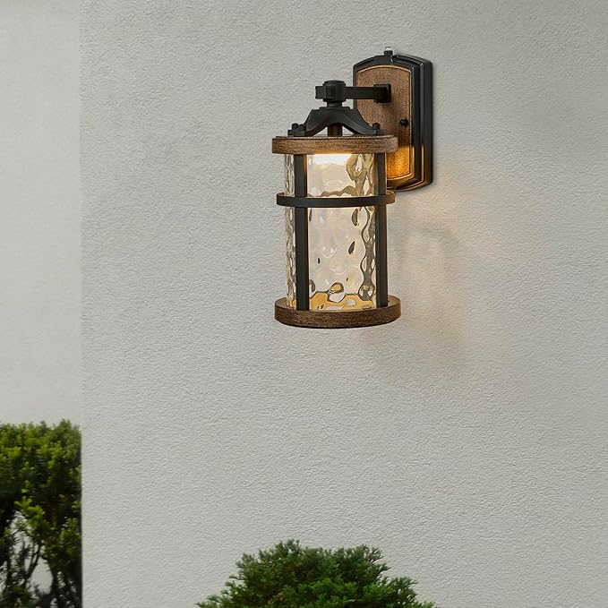 Maxxima LED Outdoor Wall Light Black w/Wood Grain Style Finish Clear Hammered Glass 800 Lumens 3000K Warm White Dusk to Dawn Sensor Farmhouse Wall Mount Sconce Rustic Coach Lantern
