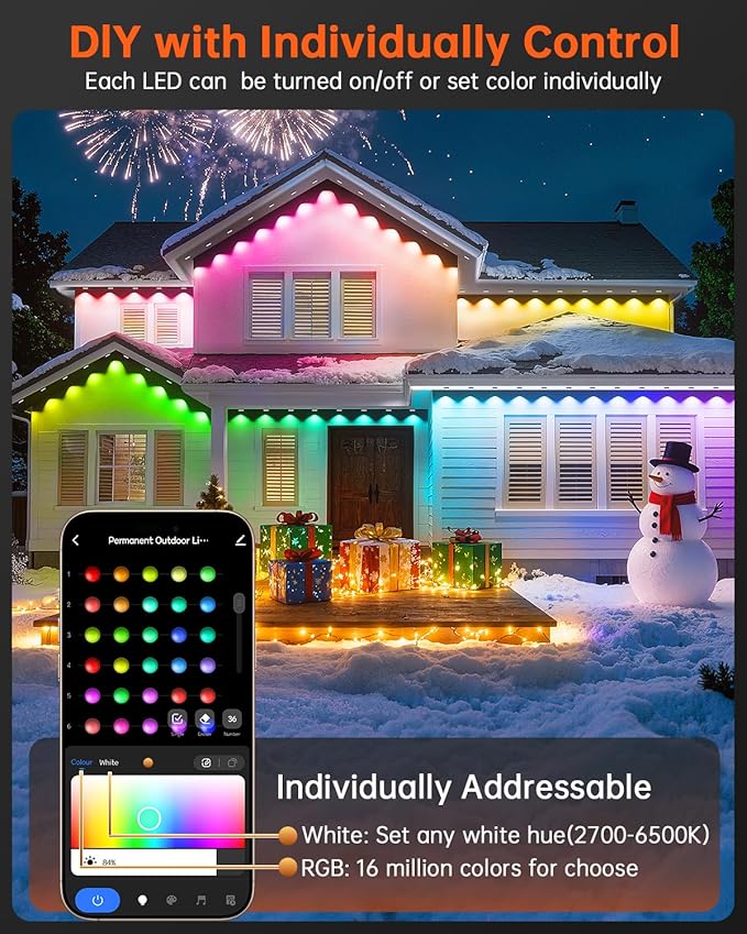 YAYZA! Permanent Outdoor Lights Pro100ft 72 LED Smart RGB+IC+Warm/Cool White Christmas Eave Lights 135lm Music Sync &amp DIY Scenes IP67 Waterproof for Outside Decor Works with AlexaGoogle Remo