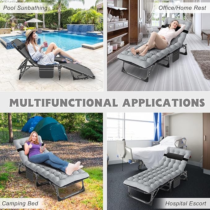 ABORON 5 Positions Camping Cots for AdultsOutdoor Folding Sleeping Cot/MatFolding Chaise Lounge Chair with PillowPortable Reclining Chair for Beach Lawn Camping PoolSunbathing Chairs
