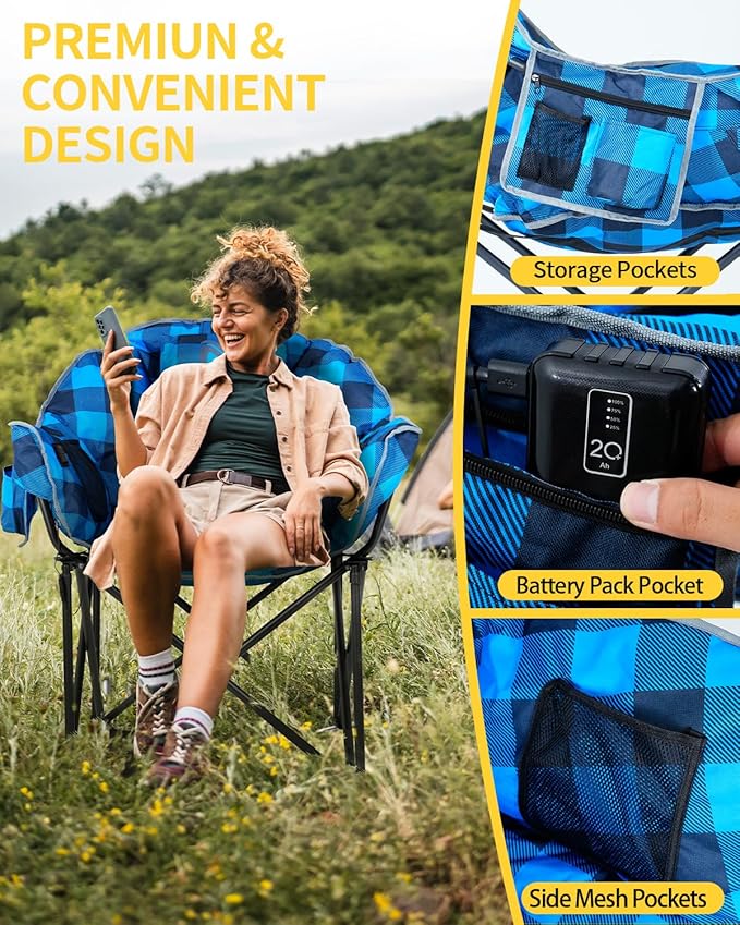 NAIZEA Heated Camping Chair Oversized Heated Folding Outdoor Chair for Adults with 3 Heat Levels Portable Foldable Patio Lounge Chair for Sports Outdoors Camp Battery NOT Included