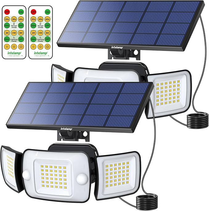 intelamp Solar Lights Outdoor 3 Head Solar Motion Sensor Lights for Outside lP65 WaterproofSeparate Panel with 9FT Cable Remote Control Flood Lights(2Pack)