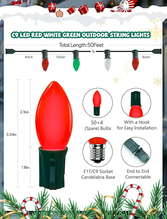 Abeja C9 LED String Light Outdoor 50Ft Vintage Christmas Lights with 54 Red White and Green Bulbs(4 Spare) Commercial Outdoor Christmas Lights for Holiday Wedding Party