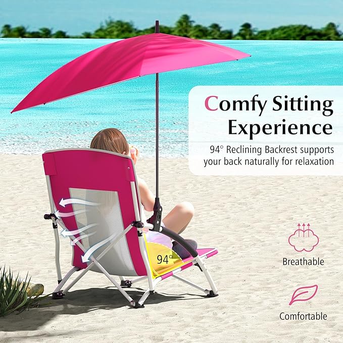 Goplus Beach Chair with Umbrella 2 Pack 330lbs Folding Backpack Chairs for Adults with Adjustable Parasol Comfy Armrest Breathable Seat Lightweight Portable Low Sand Chair for Lawn Camping