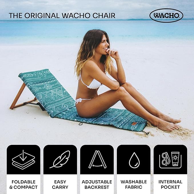 Wacho Outdoor Folding Beach Chair – Ultralight Reclining with Adjustable Wooden Backrest Foam Padding &amp Water-Resistant Recycled Fabric – Portable Lounge Chair for Beach Camping Picnic – Blue G
