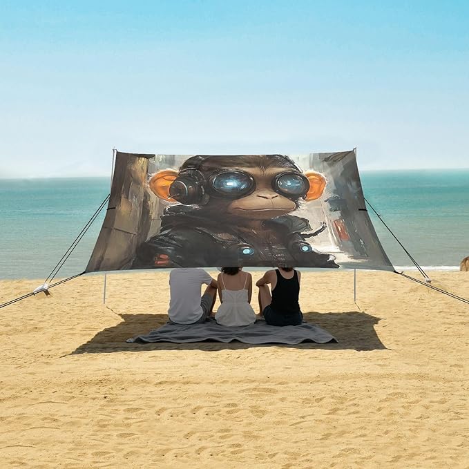 ALAZA Cute Cyberpunk Monkey Beach Tent Sun Shelter UPF50+ Protection Beach Shade Canopy w/ 4 Sandbags for Outdoor Camping Fishing Backyard Fun Picnic 10x9 ft