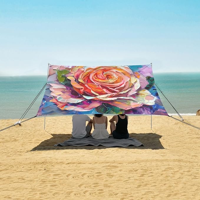 ALAZA Blooming Colorful Rose Flower Painting Beach Tent Sun Shelter UPF50+ Protection Beach Shade Canopy w/ 4 Sandbags for Outdoor Camping Fishing Backyard Fun Picnic 10x9 ft