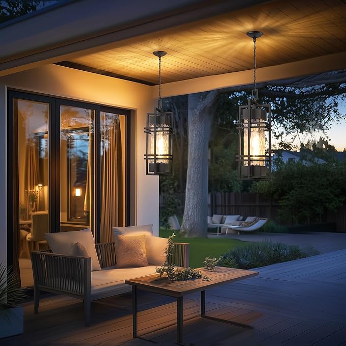 WIHTU Large Outdoor Pendant Light Fixture Modern Hanging Lantern Ceiling Mount Anit-Rust Waterproof Chandelier Lighting Exterior with Stone Bubble Glass for Porch Garage Gazebo Patio