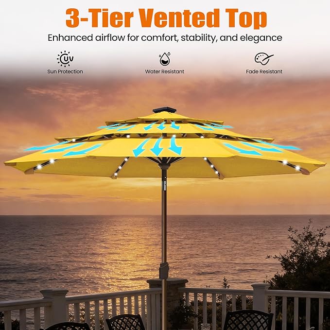 EliteShade USA 10-Year-Non-Fading 10Ft 3 Layers Market Umbrella with 80 LED Lights Patio Umbrella Outdoor Table Umbrella with Ventilation(Sunflower Yellow)