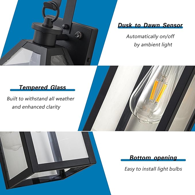 16 Dusk to Dawn Outdoor Wall Light with Sensor - Waterproof Exterior Wall Sconce for Porch Patio Garage Front Door Balcony Entry Modern Hardwired Lantern in Black Metal &amp Glass E26 - 2 Pack
