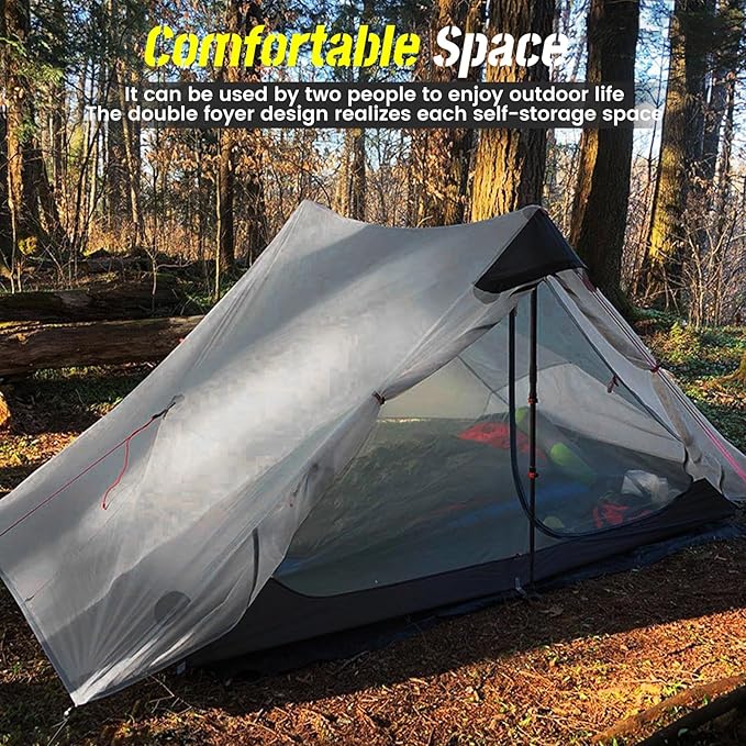 3F UL GEAR Lanshan 2 Person Tent Hiking Ultralight Camping Tent Professional 15D Silnylon Rodless Trekking Pole Tent Waterproof Backpacking Outdoor for Camping Bivvy