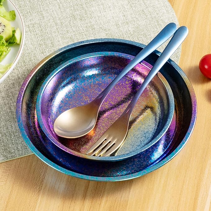 Titanium Camping Plates Lightweight Colorful Round Metal Dishes Durable Outdoor Utensils Rust-Proof Reusable Dinnerware Ideal for Hiking Picnic Camping Backpacking Home RT077T (S+L)