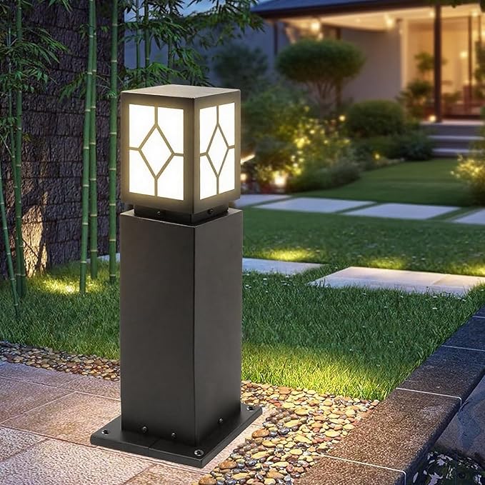 Landscape Path Lights 24 IP65 Waterproof Bollard Lights Heavy Duty Steel Stable Widened Base E27 Lamp Holder Modern Outdoor Path Lights Bollard for Lawn Patio Courtyard Driveway Lozenge 1pack