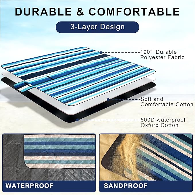 Beach Blankets Picnic Blanket - Extra Large 80''x80'' Waterproof Sandproof Picnic Blanket Mats for 2-4 AdultsPortable Foldable 3-Layer Outdoor Beach Mat for Camping Lawn Travel Beach