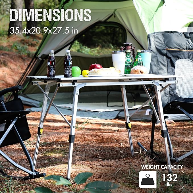 PORTAL Outdoor Folding Portable Picnic Camping Table with Adjustable Height Aluminum Roll Up Table Top Mesh Layer Silver